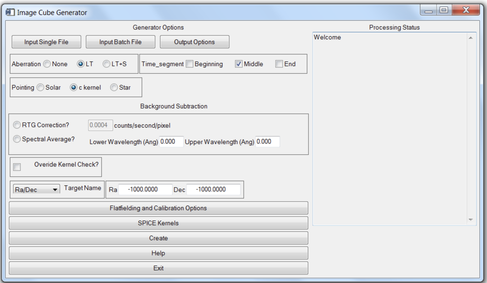 Base level menu for Cube Generator.